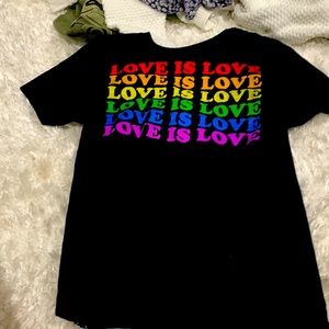 Love is love, pride rainbow, and black T-shirt size small